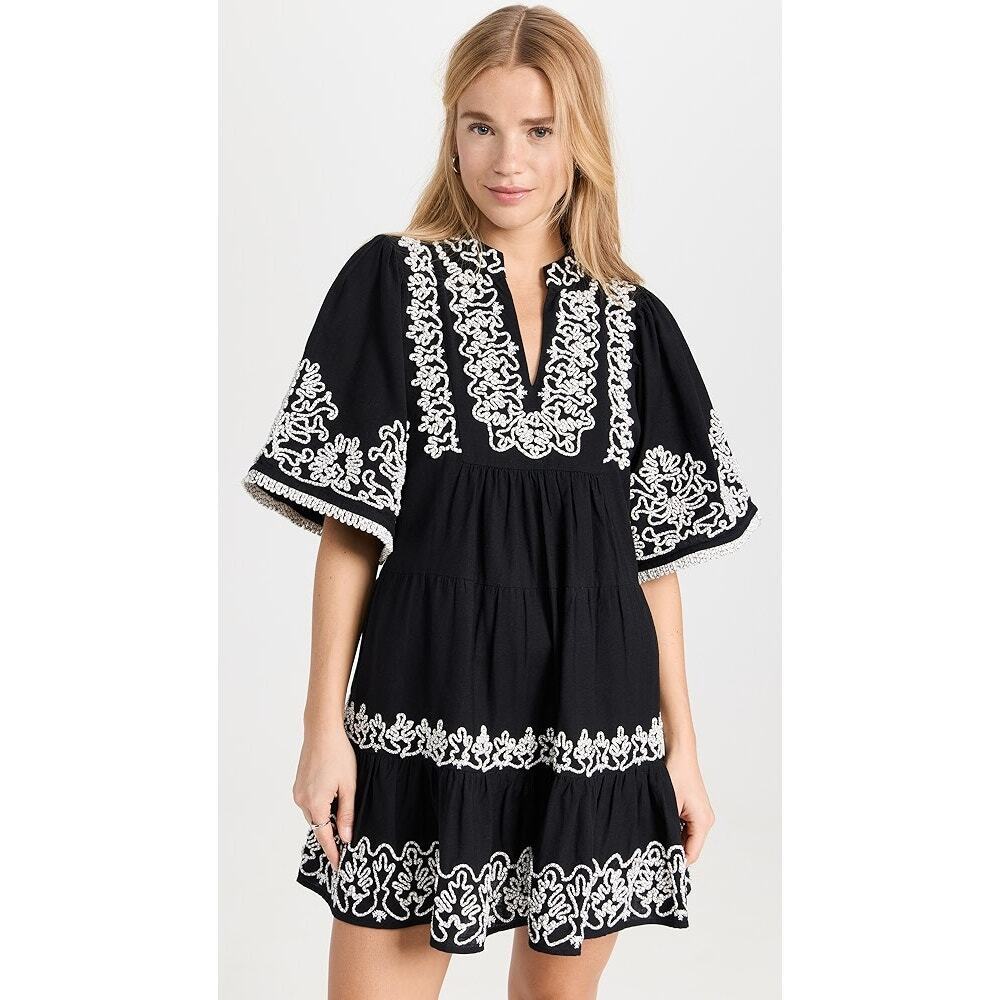 SEA NEW YORK Black Cordera Embroidered Mini Tiered Dress Elbow Sleeve Sz XXS NWT